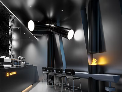 Modern Café Interior Design With Black Gray Bar Counter High Stools Fireplace And Pendant Lights 3d model