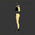 Fashionable Outfit With Black Cropped Top Golden Tight Pants Black Striped Shoes And Sunglasses