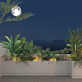 Moonlit Terrace With Various Potted Plants Light Strips And Sea View