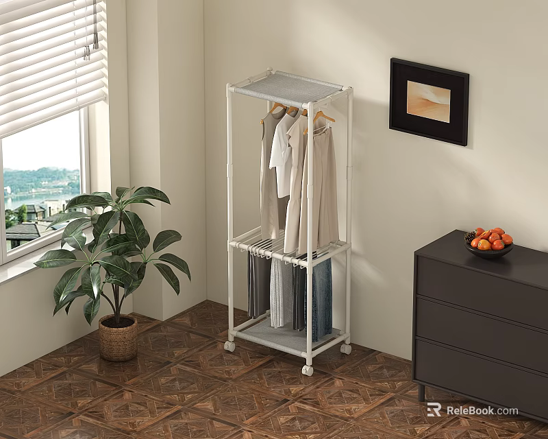 Clothes Hanging on White Wheeled Clothes Rack with Dresser Plant and Window 3d model 