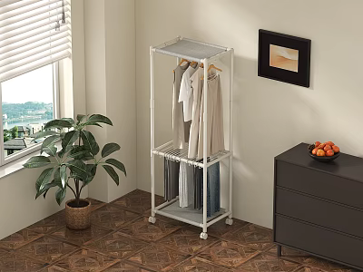 Clothes Hanging on White Wheeled Clothes Rack with Dresser Plant and Window 3d model
