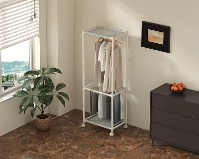 Clothes Hanging on White Wheeled Clothes Rack with Dresser Plant and Window 3d model