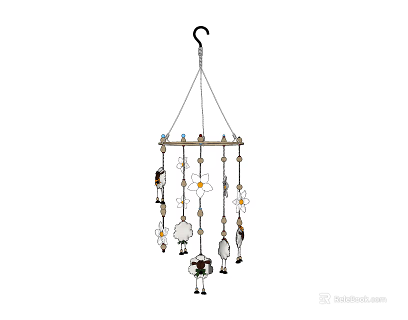Charming Decorative Hanging Ornament with Wooden Rod Hook Flowers and Small Animal Figures 3d model 
