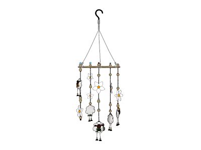 Charming Decorative Hanging Ornament with Wooden Rod Hook Flowers and Small Animal Figures 3d model