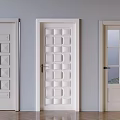 White Swing Doors With Various Panel Patterns And Glass Insert On Wooden Floor 3d model
