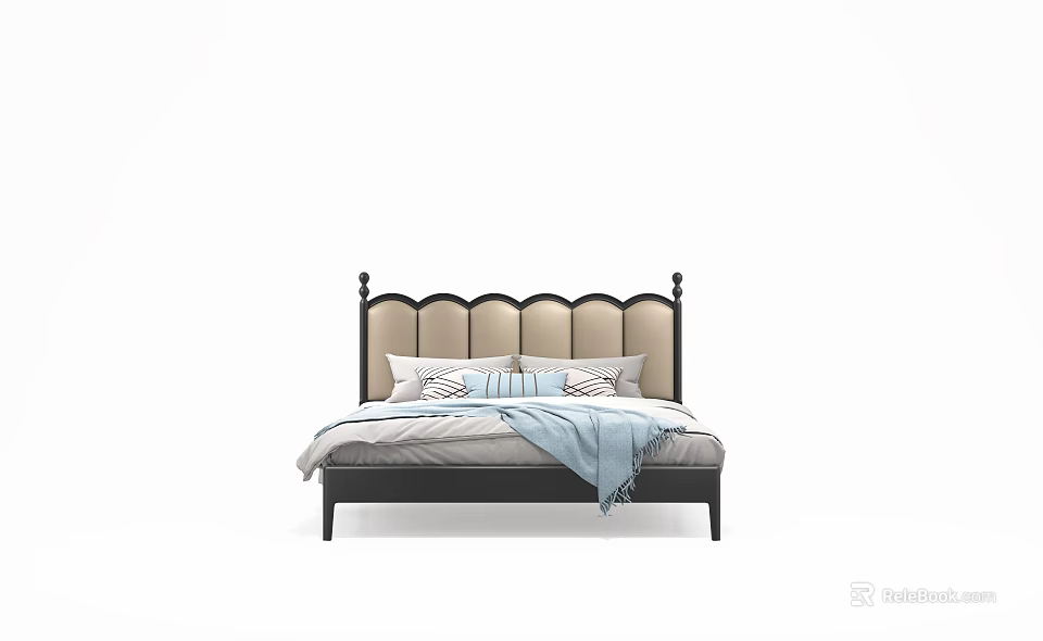 Double Bed With Beige Curved Headboard Black Posts Light Sheets Pillows And Light Blue Blanket 3d model 