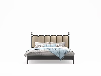 Double Bed With Beige Curved Headboard Black Posts Light Sheets Pillows And Light Blue Blanket 3d model