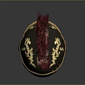 Ancient Ornamental Helmet with Red Plume Golden Decorations and Blue Accents