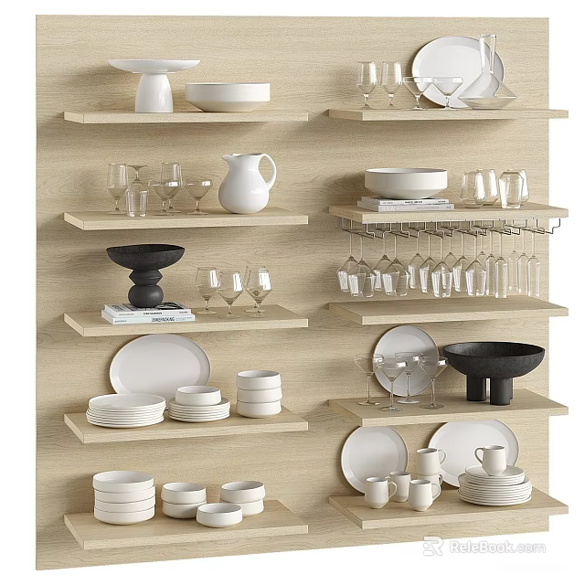 Stylish Dinnerware Set With Ceramic Plates Bowls Cups And Glassware On Wooden Shelves 3d model 