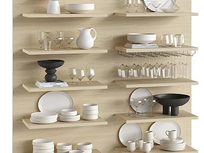 Stylish Dinnerware Set With Ceramic Plates Bowls Cups And Glassware On Wooden Shelves 3d model