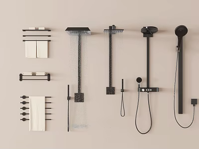 Modern Black Shower Heads with Various Styles and Bathroom Accessories Like Towel Racks 3d model