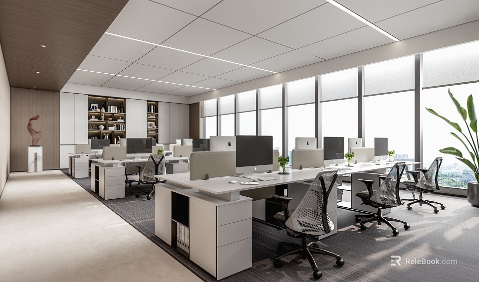 Modern Public Office Space With Multiple Desks Computers Large Windows And Bright Lighting 3d model 