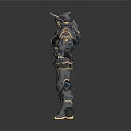 Futuristic Armored Warrior Character With Metallic Armor Gold Accents And Blue Luminous Details