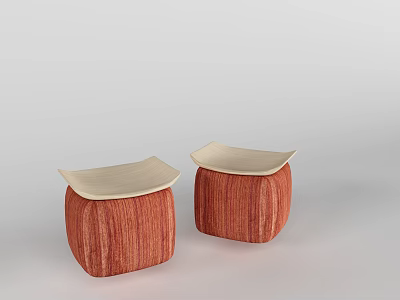 Two Stylish Sofa Stools With Wooden Tops And Red Striped Fabric Bodies 3d model