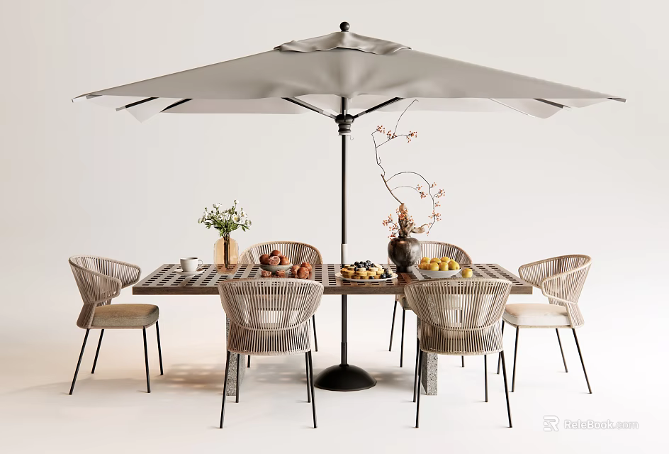 Outdoor Garden Table With Large Umbrella Chairs Fruits Vase And Flowers 3d model 