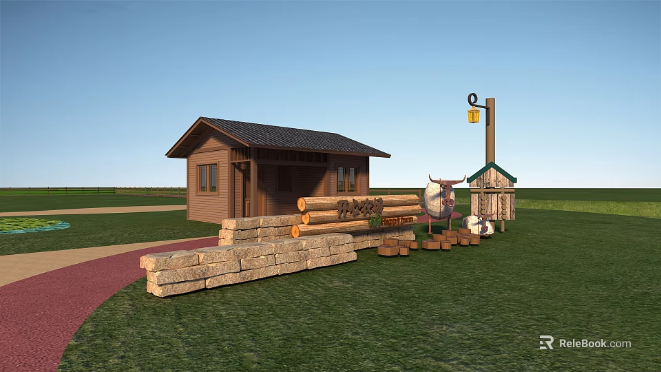 Rustic Log Cabin Featuring Stone Wall Stacked Logs Green Lawn And Red Path 3d model 