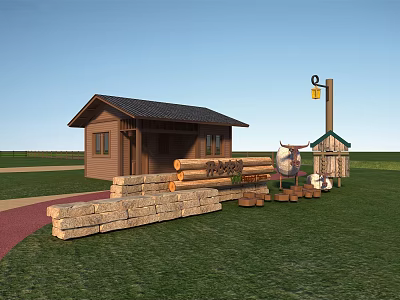 Rustic Log Cabin Featuring Stone Wall Stacked Logs Green Lawn And Red Path 3d model