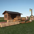 Rustic Log Cabin Featuring Stone Wall Stacked Logs Green Lawn And Red Path