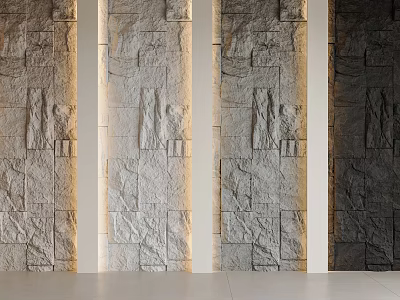 Modern Textured Stone Background Wall With Vertical Striped Pattern And Illuminated Accents On White Floor 3d model