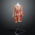 Elegant Rust Colored Long Sleeve Dress With White Intricate Patterns On Mannequin 3d model