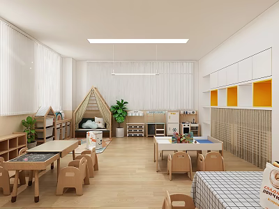 Bright Kindergarten Classroom Interior With Wooden Tables Chairs Play Tent Green Plants And Storage Cabinets 3d model