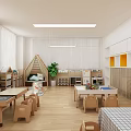 Bright Kindergarten Classroom Interior With Wooden Tables Chairs Play Tent Green Plants And Storage Cabinets