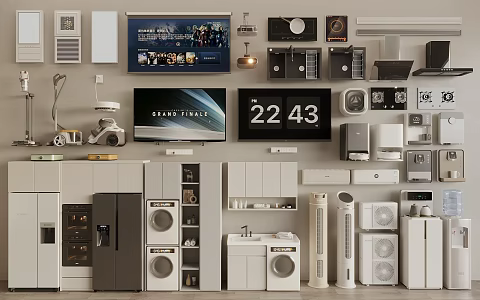 Household appliances combination kitchen appliances air conditioner washing machine TV curtain range hood lighter stove sweeping robot 3d model