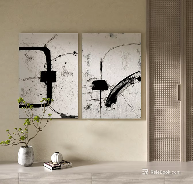 Two Black And White Abstract Paintings Hanging On Neutral Wall With Vase And Decorative Items 3d model 