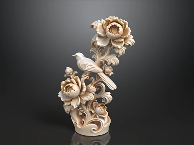 Exquisite Chinese Style Decorative Ornament Set With Carved Peony Flowers And Bird For Home Decor 3d model