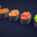 Colorful Sushi In Black Bowls With Cucumber Fish Roe Salmon And Avocado