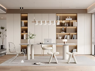 Modern Study Desk and Chair Stool Chandelier Green Plant Bookcase 3d model