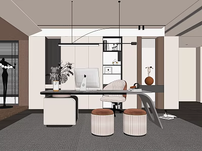 Modern Study Room Interior Design With Desk Chair Pendant Lights And Decorations 3d model