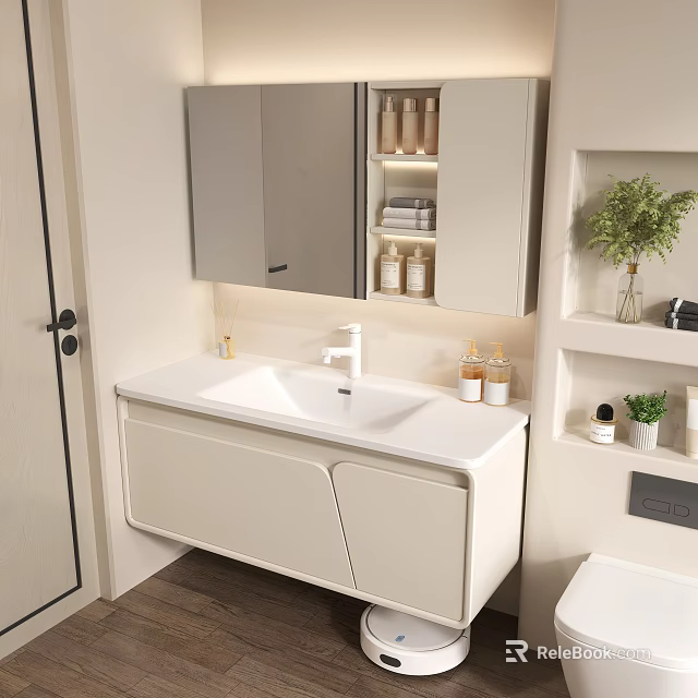 Modern Bathroom Vanity With Wall Mounted Cabinet Mirror Shelves Toiletries And Green Plant 3d model 