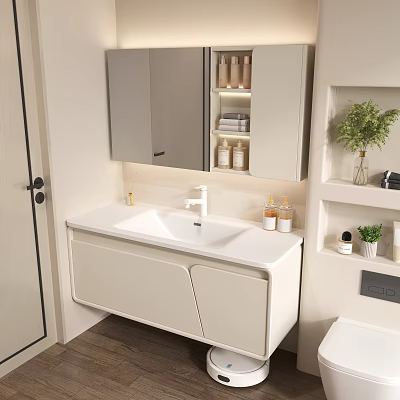 Modern Bathroom Vanity With Wall Mounted Cabinet Mirror Shelves Toiletries And Green Plant 3d model