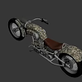 Camouflage Vintage Motorcycle With Classic Headlight Brown Seat Spoked Wheels And Chrome Exhaust Pipes