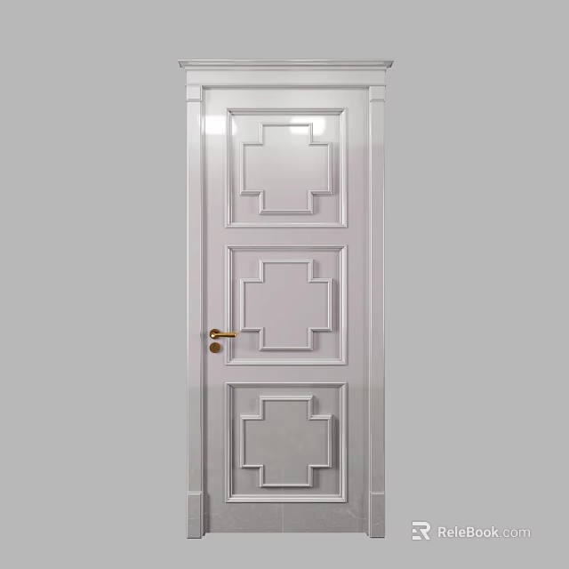 White Wooden Swing Door With Cross Pattern Panels And Golden Handle 3d model 