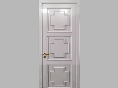 White Wooden Swing Door With Cross Pattern Panels And Golden Handle 3d model