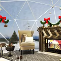 Festive Christmas Scene With Glass Dome Snowman Gift Boxes And Santa Claus Figure