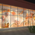 Elegant Shop Window Display With Decorative Orange Patterns Glass Panels Mannequins And Lighting