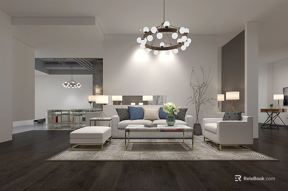 Modern Living Room Showroom With White Sofa Coffee Table Chandelier And Floor Lamps 3d model 