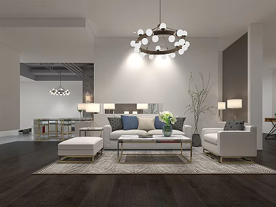 Modern Living Room Showroom With White Sofa Coffee Table Chandelier And Floor Lamps 3d model