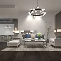 Modern Living Room Showroom With White Sofa Coffee Table Chandelier And Floor Lamps