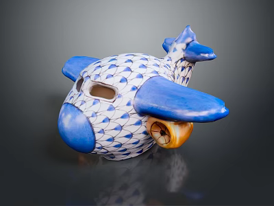 Blue And White Patterned Ceramic Airplane Figurine With Hollow Out Design And Propeller 3d model