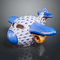 Blue And White Patterned Ceramic Airplane Figurine With Hollow Out Design And Propeller