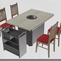 Stone Top Square Dining Table With Round Center Hole Wooden Red Cushioned Chairs And Gray Cart