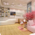 Elegant Beauty Salon Interior With Pink Sofa Flamingo Decor Circular Mirror Wall Chandelier And Pink Chairs