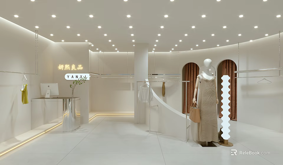 Stylish White Toned Clothing Store Interior With Mannequin Display Racks And Brown Curtains 3d model 