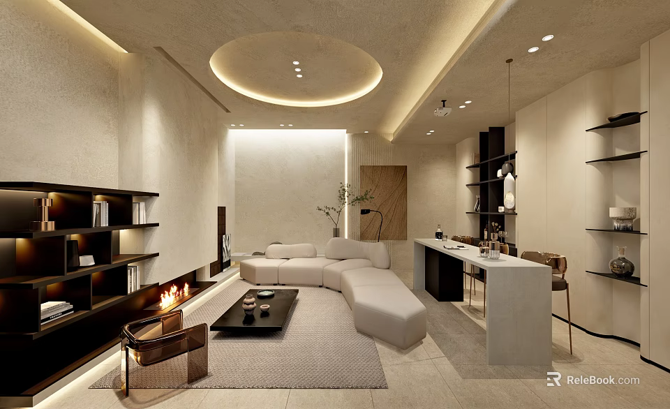 Modern Basement Interior With Sofa Fireplace And Shelves 3d model