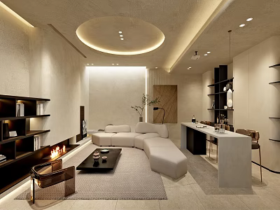 Modern Basement Interior With Sofa Fireplace And Shelves 3d model