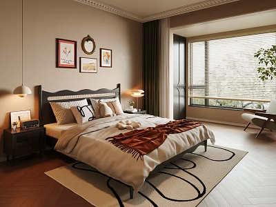 Modern Bedroom Interior With Large Bed Nightstand Lamps Decorative Paintings And Area Rug 3d model